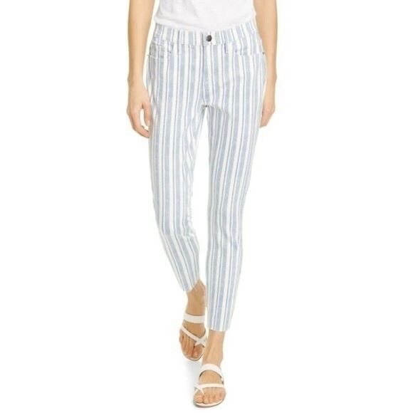 FRAME Le Skinny de Jeanne Crop Women's Preppy Blue Stripe Raw Hem Jeans Size 25 - Picture 1 of 8